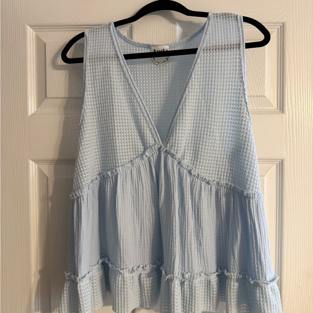 ARULA Light Blue Textured Sleeveless Blouse